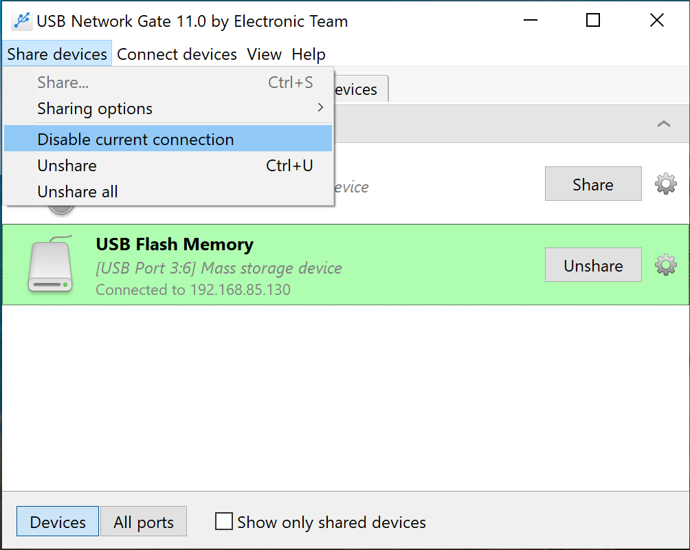  Share devices menu